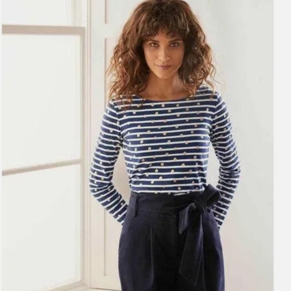 Boden Breton Womens T Shirt US 14 Cotton White Navy Striped Polka Dot Top